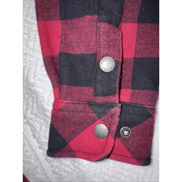 Wms Orvis S Fleece-Lined Flannel Plaid Shacket Shirt Jacket Red/Black Snap Up - Picture 13 of 16